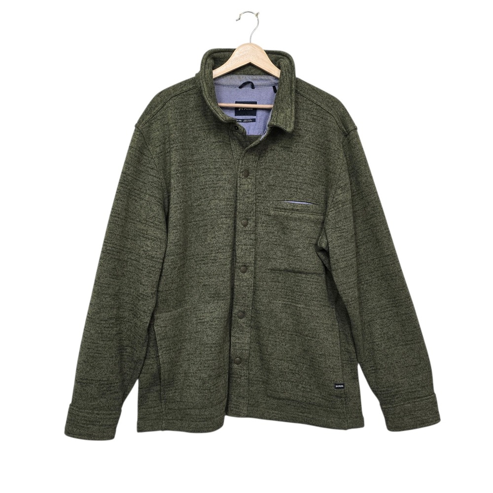 prAna Mens XL Olive Green Heather Recycled Polyester‎ Snap Front Shirt Jacket